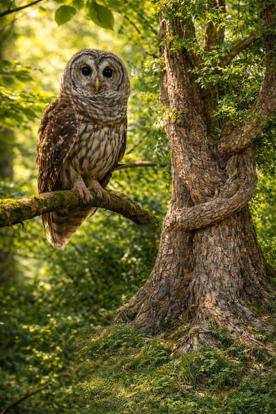 An owl perched on a mossy branch in a sunlit forest